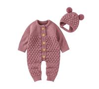 Lot de 2 grenouillères en tricot pour bébé garçon et fille avec chapeau d'ours - Couleur unie - Boutons - Manches longues - Pull d'hiver chaud - Combinaison de neige 0 à 18 mois, violet, 6-12 mois