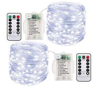 Lot de 2 guirlande lumineuse alimentée par piles, 10 m 100 LED pour extérieur, étanche, 8 modes avec minuteur à distance arc-en-ciel scintillant en fil de cuivre pour la maison (blanc froid)