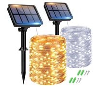 Lot de 2 Guirlande Solaire Exterieur, 15+2m 150LED Guirlande Lumineuse Étanche 8 Modes, Guirlande Extérieure Solaire Décoration pour Jardin Terrasse Cour Maison Noël Mariage Fête Blanc Froid/Chaud