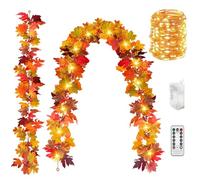 Lot de 2 guirlandes de feuilles d'érable avec guirlande lumineuse - 175 cm - Guirlande d'automne avec 5 m - 50 LED - Guirlande de feuilles d'érable avec télécommande - Étanche - Décoration (B)