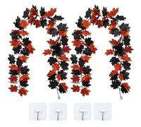 Lot de 2 guirlandes de feuilles d'érable d'Halloween avec 4 crochets, guirlandes de fleurs artificielles suspendues, feuilles d'automne pour Noël, Thanksgiving, décoration de couleur noire et rouge