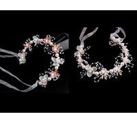 Lot de 2 guirlandes de perles - Couronne de fleurs avec perles - Couronne de fleurs de simulation - Pour femme - Élégant bijou de cheveux bohème - Pour mariée, demoiselle d'honneur, fille - 35 x 5 cm