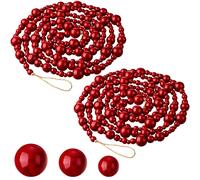 Lot de 2 guirlandes de perles de Noël en bois de 2,4 m - Guirlande de Noël rustique - Guirlande de perles décoratives bohème pour sapin de Noël - Décoration d'intérieur (rouge foncé)