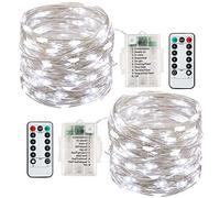 Lot de 2 guirlandes lumineuses à piles de 13 m avec 120 LED étanches en fil de cuivre avec 8 modes de contrôle à distance Minuterie pour chambre à coucher, fête, décorations de festival (blanc froid)