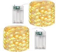 Lot de 2 guirlandes lumineuses LED à piles avec minuteur - 10 m - 100 LED - Mini fil de cuivre - Fonctionne avec piles AAA - Pour fête, Noël, Halloween, mariage, décoration intérieure (blanc chaud)