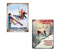 Lot De 2 Hiver Ski 20x30cm Vintage Plaque Affiche éTain MéTal Mur Signe RéTro DéCoration Pour Bar Café Garage Gaz Station Accueil Club 01