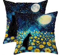 Lot de 2 Housse Coussin 35x35cm Lune Carré Lin Double Face Impermé Decoratif Housses de Coussin avec Fermeture éclair Invisible chat Taie Oreiller pour Patio Canape Balcon Decor，Cadeau FemmeA-528