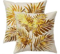 Lot de 2 Housse Coussin 50x50cm doré Carré Lin Double Face Impermé Decoratif Housses de Coussin avec Fermeture éclair Invisible Feuille Taie Oreiller pour Patio Canape Balcon Decor，Cadeau FemmeA-616