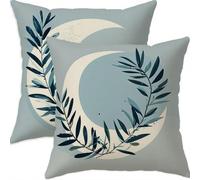 Lot de 2 Housse Coussin 50x50cm Lune Carré Lin Double Face Impermé Decoratif Housses de Coussin avec Fermeture éclair Invisible Feuille Taie Oreiller pour Patio Canape Balcon Decor，Cadeau FemmeA-665