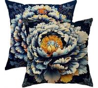 Lot de 2 Housse Coussin 70x70cm Bleu Carré Lin Double Face Impermé Decoratif Housses de Coussin avec Fermeture éclair Invisible Fleur Taie Oreiller pour Patio Canape Balcon Decor,Cadeau FemmeA-652