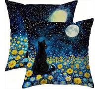 Lot de 2 Housse Coussin 75x75cm Lune Carré Velours Double Face Impermé Decoratif Housses de Coussin avec Fermeture éclair Invisible Chat Taie Oreiller pour Patio Canape Balcon Decor，A-528