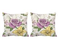 Lot de 2 Housse de Coussin 50x50cm Rose Coussin Salon de Jardin Exterieur Impermeable Lin Double Face Décoratives Taie d'oreiller pour L'été,Automne,Outdoor Terrasse,Banc,Canapé,Chaise Fleur -T524