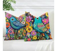 Lot de 2 Housse de Coussin 60x60 cm en Lin Imperméable, Bleu Housse Coussin Extérieur pour Jardin Terrasse Balcon, Taie d'oreiller Oiseau, Décoration de Maison avec Fermeture Éclair Invisible, #b77s