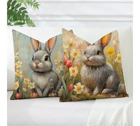 Lot de 2 Housse de Coussin 60x60 cm en Lin Imperméable, Gris Housse Coussin Extérieur pour Jardin Terrasse Balcon, Taie d'oreiller Lapin, Décoration de Maison avec Fermeture Éclair Invisible, #b415s