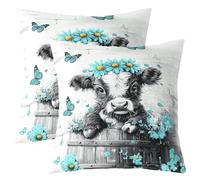 Lot de 2 Housse de Coussin 60x60 Longhorn,Taie d'oreiller Planche de Bois Campagne Vintage,Taie Oreiller Rustique Papillon Margarite Décor Vache Des Hauteurs Bœuf de Taureau Ferme Animaux Occidentaux