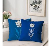 Lot de 2 Housse de Coussin Fleurs Taie Oreiller 65x65 Carré Velours Taie Oreiller, Coussin Exterieur Impermeable Protege Oreiller pour Decoration Chambre Maison Jardin Exterieur Bleu P-227