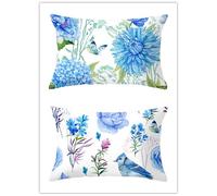 Lot de 2 Housse de Coussin Rectangulaire Fleur bleue oiseau Décor Canapé Taie d'oreiller 30x50cm Decoration Housses de Coussin en Lin Housse de Coussin Décoration pour Chambre,Canapé,Chaise,Lit,Jardin