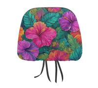 Lot de 2 housses d'appui-tête de voiture imprimées avec fleurs tropicales, feuilles d'hibiscus et monstera, housses élastiques et confortables pour appuie-tête de voiture pour homme et femme