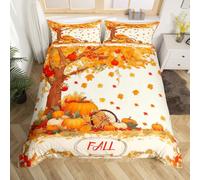 Lot de 2 housses de couette citrouille d'automne, feuilles d'érable naturelles, décoration douce pour chambre à coucher, baie rouge, aquarelle, campagne rustique en polyester (pas de consolateur)