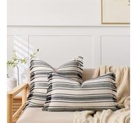 Lot de 2 Housses de Coussin 30 x 50 cm en Coton et Lin texturé, Motif rayé Beige et Noir, Style Ferme Moderne, taies d'oreiller Neutres pour canapé, lit, décoration d'intérieur