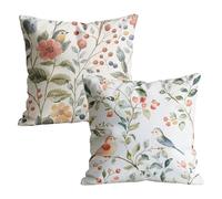 Lot de 2 Housses de Coussin 35x35 Motif Feuille Oiseaux Lin Taie d'oreiller, Lavable Carrée Décorative Coussin canape pour Salon, Chaise, Extérieur Jardin, Decoration de Printemps Moderne M-w-4034