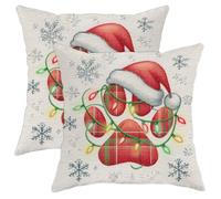 Lot de 2 housses de coussin avec bonnet de Père Noël avec fermeture éclair dissimulée - Motif empreintes de pattes de Noël - Rouge - 40,6 x 40,6 cm