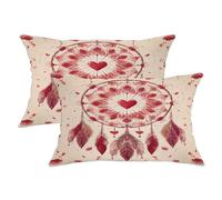 Lot de 2 housses de coussin avec fermeture éclair dissimulée - Motif attrape-rêves - Style bohème romantique - Motif cœurs et plumes - Pour salon, lit, bureau, canapé, chaise, décoration - Rouge