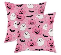 Lot de 2 housses de coussin avec fermeture éclair dissimulée pour salon, appartement, lit, canapé, décoration d'Halloween avec motif citrouilles, chauve-souris, fantôme et pêche 35,6 x 35,6 cm