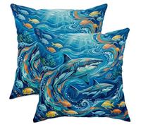 Lot de 2 housses de coussin avec fermeture éclair dissimulée pour salon, chambre à coucher, loft, bureau, voiture, motif requin, corail sous-marin, bleu été, 30,5 x 30,5 cm