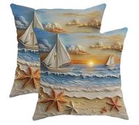 Lot de 2 housses de coussin brodées de plage avec motif bateau nautique et étoile de mer, housses de coussin décoratives d'été pour maison, canapé, lit, canapé, 45,7 x 45,7 cm