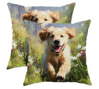 Lot de 2 housses de coussin carrées à imprimé floral Golden Retriever, décoration extérieure de style rustique pour maison, canapé, lit, canapé, 40,6 x 40,6 cm