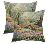 Lot de 2 housses de coussin carrées décoratives à motif floral, tulipes lavandes, pont de pierre, pour décoration de jardin printanier, canapé, lit, canapé, 40,6 x 40,6 cm