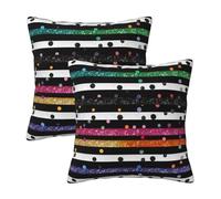 Lot de 2 housses de coussin carrées décoratives en polyester doux à rayures à pois arc-en-ciel et paillettes noires et blanches pour décoration d'intérieur, canapé, chambre à coucher, salon, 40,6 x