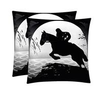 Lot de 2 housses de coussin carrées décoratives pour canapé, lit, chaise Motif cheval et cavalier Noir/blanc