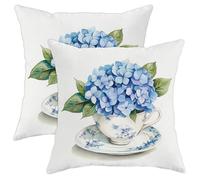 Lot de 2 housses de coussin carrées décoratives pour maison, canapé, lit, canapé, motif tasse à thé et fleurs artistiques, bleu hortensia, 45,7 x 45,7 cm