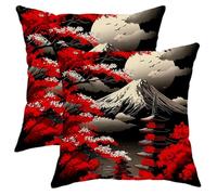 Lot de 2 housses de coussin carrées élégantes et décoratives de style japonais pour maison, canapé, lit, canapé, 40,6 x 40,6 cm, motif fleur de cerisier rouge
