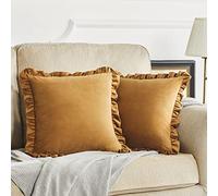 Lot de 2 housses de coussin carrées en velours avec bords à volants pour canapé, salon, chambre à coucher, 40 x 40 cm, doré foncé
