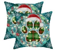 Lot de 2 housses de coussin décoratives à motif empreintes de pattes avec bonnet de Père Noël et flocons de neige - Fermeture éclair dissimulée - Vert (50,8 x 50,8 cm)