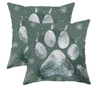 Lot de 2 housses de coussin décoratives à motif empreintes de pattes et branches de pin, flocons de neige, branches de pin, vert d'hiver avec fermeture éclair dissimulée pour salon, lit, bureau