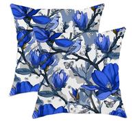 Lot de 2 housses de coussin décoratives à motif floral bleu, motif botanique printanier - pour décoration extérieure, ferme, pour maison, canapé, lit, canapé, 40,6 x 40,6 cm