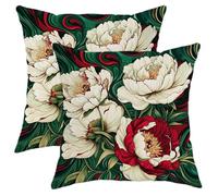 Lot de 2 housses de coussin décoratives à motif floral et pivoine rouge pour maison, sofa, lit, canapé, style vintage, décoration de salon, 50,8 x 50,8 cm, crème et rouge