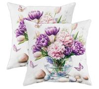 Lot de 2 housses de coussin décoratives à motif floral printanier et tulipes violettes et œillets pour canapé, lit, canapé, décoration d'intérieur, 40,6 x 40,6 cm