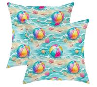 Lot de 2 housses de coussin décoratives avec fermeture éclair dissimulée et motif ballon de plage, coquillages tropicaux d'été, vagues d'été pour maison, salon, chambre à coucher, dortoir, canapé