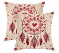 Lot de 2 housses de coussin décoratives avec fermeture éclair dissimulée - Motif attrape-rêves - Style bohème romantique - Motif cœurs et plumes - Rouge - 71 x 71 cm