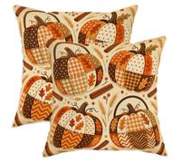 Lot de 2 housses de coussin décoratives avec fermeture éclair dissimulée - Motif citrouilles - Feuilles rustiques d'automne et bâton de cannelle - Orange automne - 40,6 x 40,6 cm