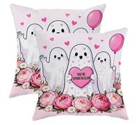 Lot de 2 housses de coussin décoratives avec fermeture éclair dissimulée, motif fantôme, cœur, fleur, Halloween, pêche, 35,6 x 35,6 cm