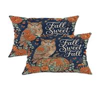 Lot de 2 housses de coussin décoratives avec fermeture éclair dissimulée - Motif hibou et fleur de citrouille d'automne rustique - Pour salon, appartement, lit, canapé - 50,8 x 30,5 cm - Bleu marine