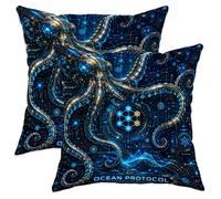 Lot de 2 housses de coussin décoratives avec fermeture éclair dissimulée - Motif pieuvre - Circuit technologique futuriste hexagonal - Bleu océan - 35,6 x 35,6 cm