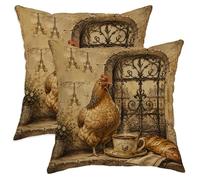Lot de 2 housses de coussin décoratives avec fermeture éclair dissimulée - Motif poule et fenêtre de la tour de Paris vintage - Marron - 35,6 x 35,6 cm