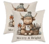 Lot de 2 housses de coussin décoratives avec fermeture éclair dissimulée - Motif vache des Highlands - Bonhomme de neige et branches de pin - Beige - 30,5 x 30,5 cm